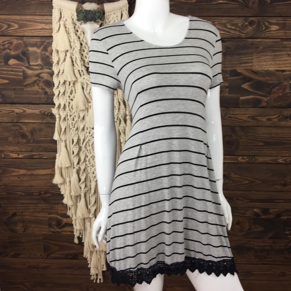 Altard State | Striped Tee Dress Scalloped Lace